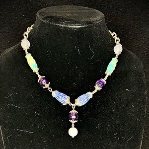 925 silver Multistone Beaded Necklace Amethyst, Turquoise & Chalcedony item#0031